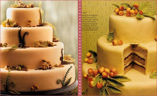 Three-tiered cake decorated with forest and fruit motifs