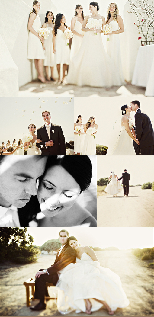 Romantic wedding day collage of bride, groom, and bridesmaids