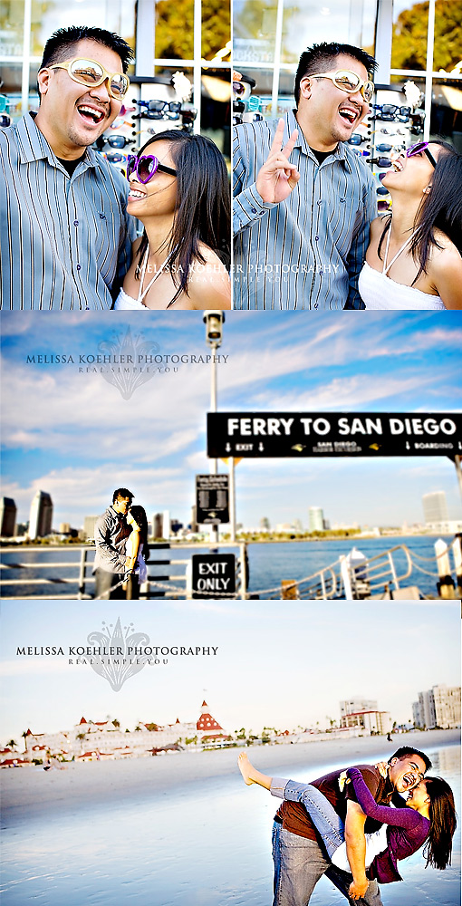 San Diego engagement photo collage; fun, romantic moments