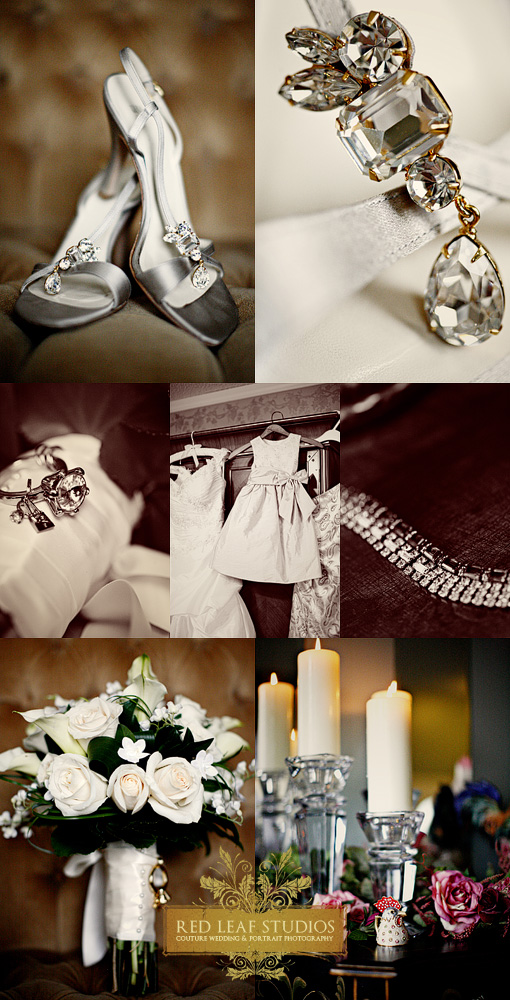 Elegant wedding details: shoes, jewelry, dress, bouquet and candles