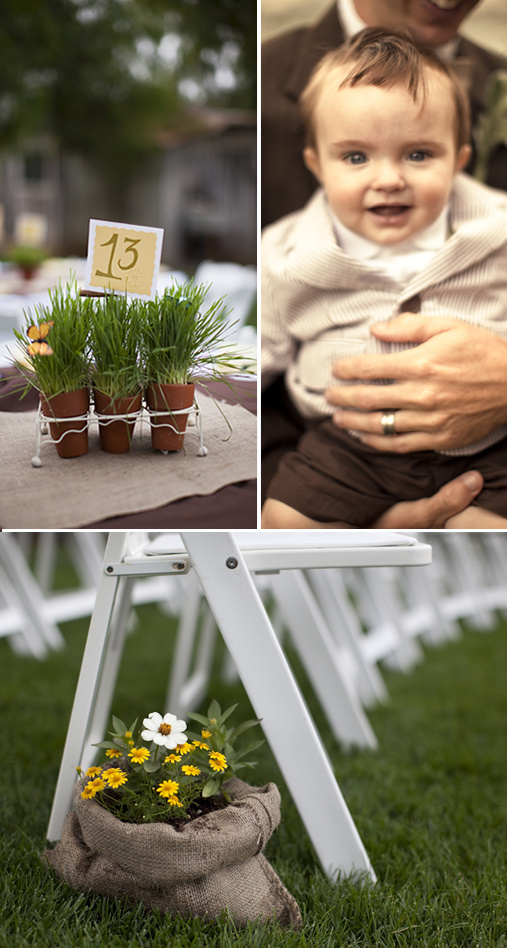 Outdoor wedding details with floral centerpiece and baby