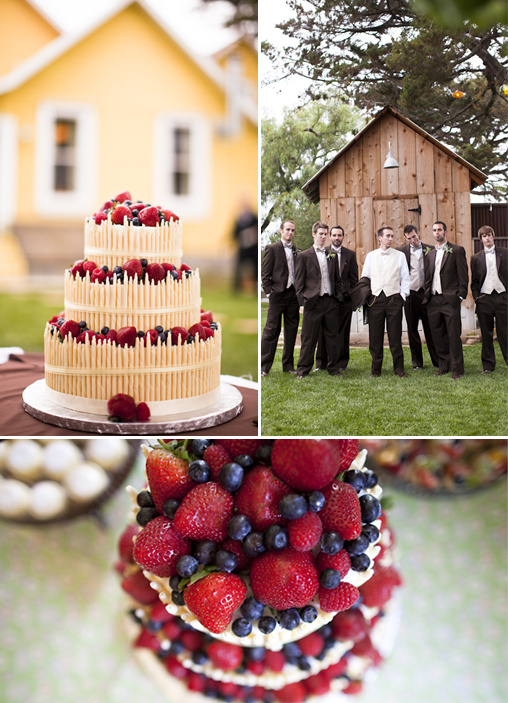 Wedding cake with berries and groom with groomsmen