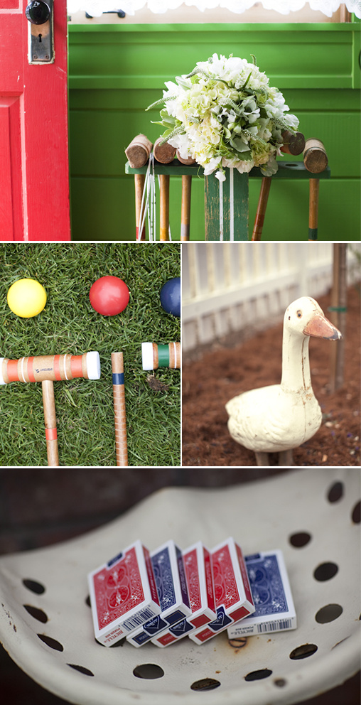 Lawn games arrangement croquet cards and duck decor