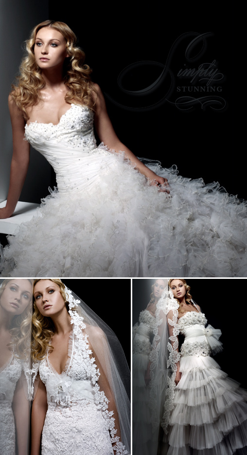 Elegant bride in three stunning white wedding dresses