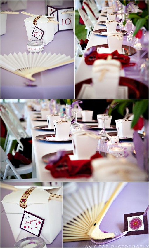 Elegant lavender wedding reception table setting with favors
