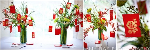 Chinese New Year flower arrangement with red envelopes