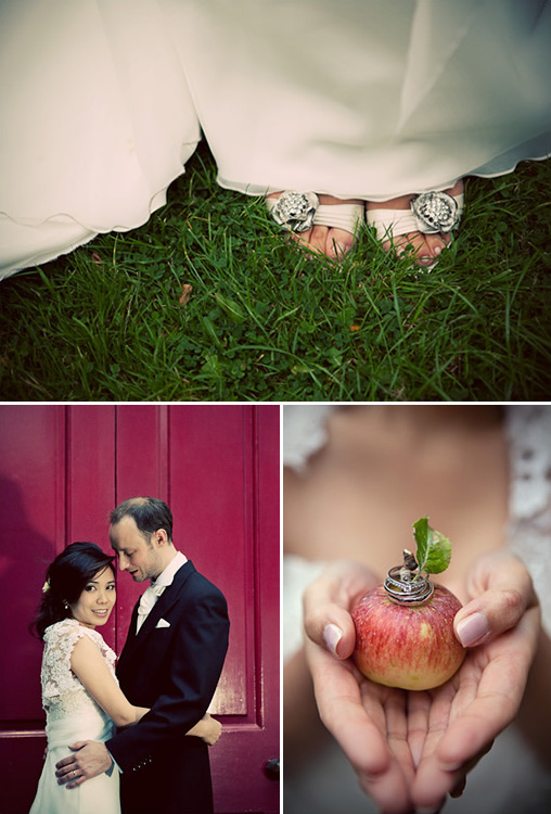 Wedding day photos with bride groom and rings on an apple