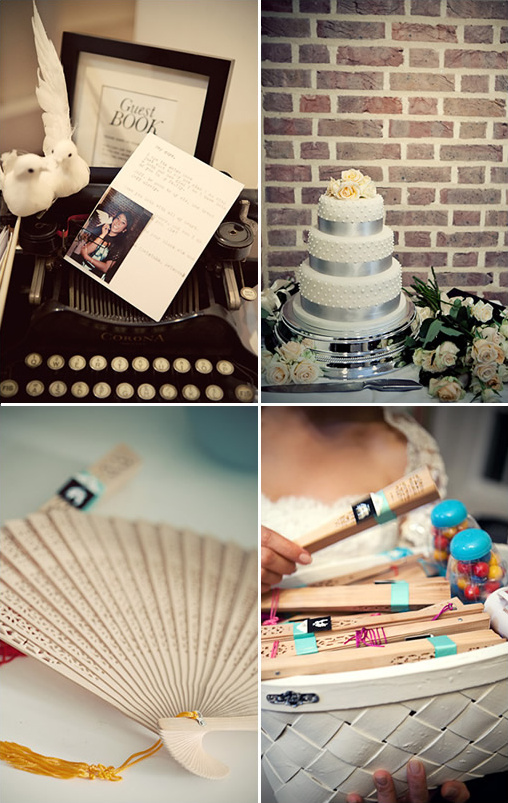 Wedding details of guest book cake and decorative fans