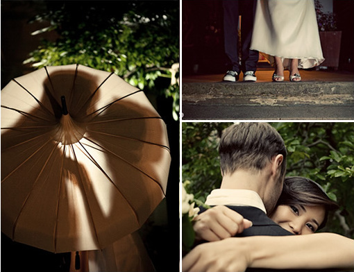 Romantic wedding photo collage, umbrella silhouette of the couple