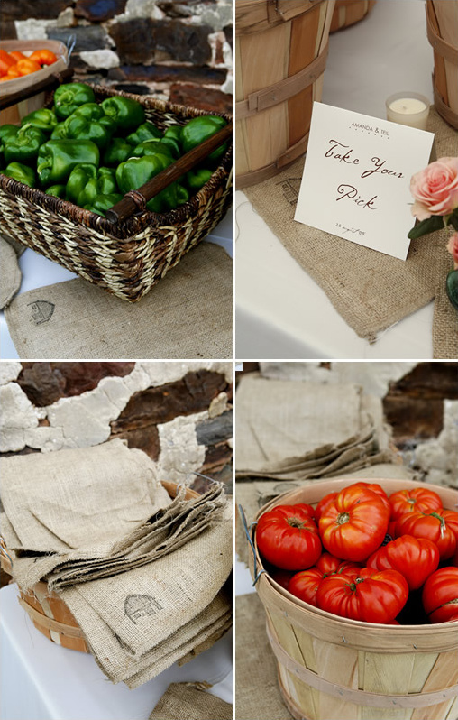 Fresh vegetables in baskets at rustic farm wedding decor