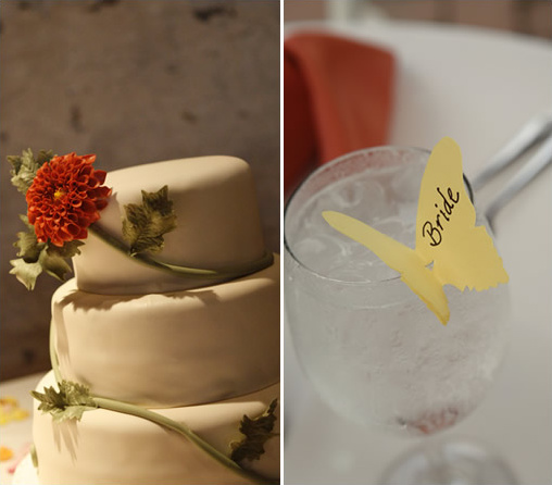Wedding cake with flower and drink with bride butterfly