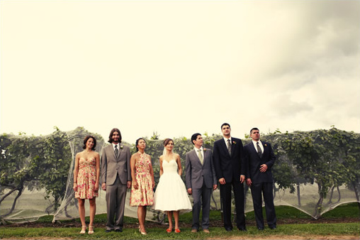Wedding party poses near the vineyard under cloudy sky
