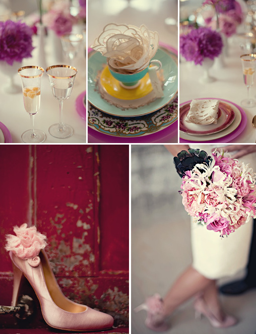 Vintage wedding details with flowers and pink shoes