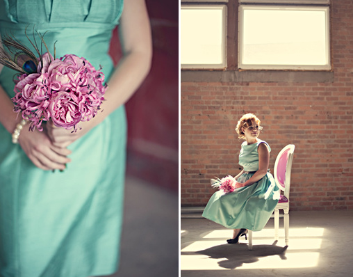 Bridesmaid in aqua dress with pink peony bouquet