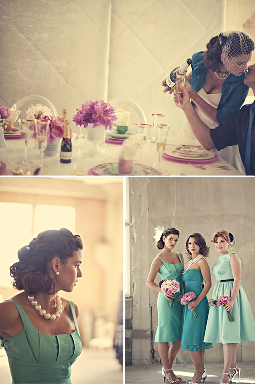 Vintage wedding party bride bridesmaids champagne