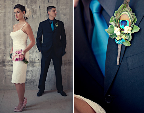 Bride and groom modern wedding style with peacock boutonniere