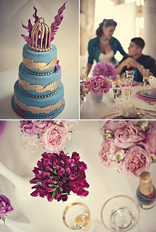 Blue and gold wedding cake with table setting and flowers