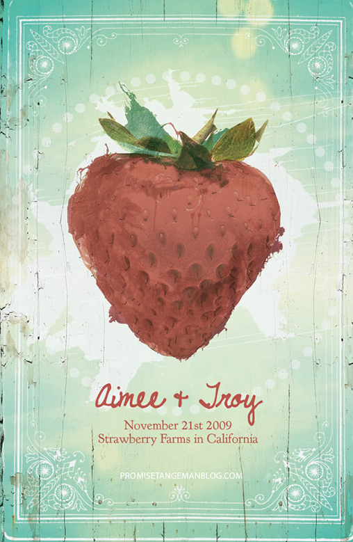 Wedding invitation featuring a large stylized strawberry design