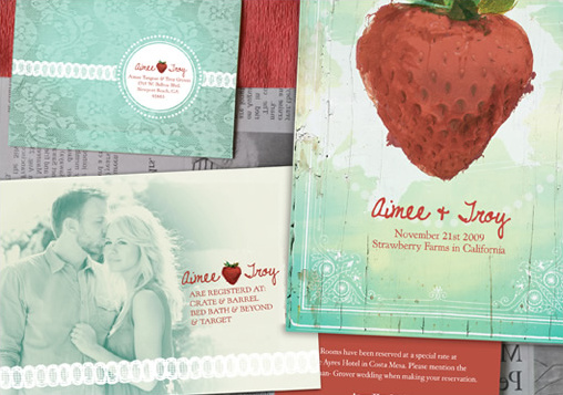 Wedding invitation suite with strawberry theme and couple
