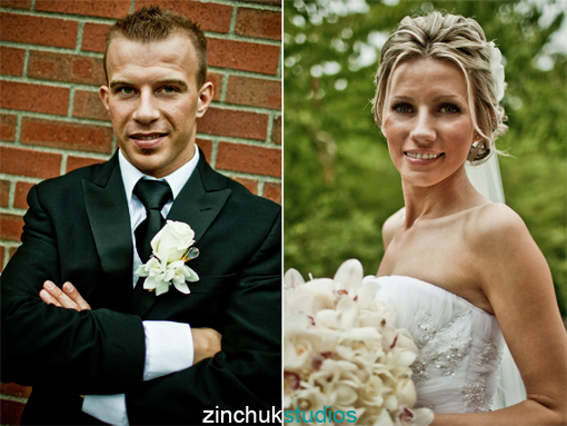 Bride and groom portraits on wedding day split screen