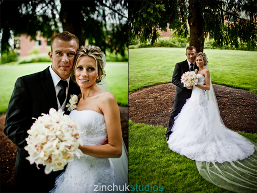 Bride and groom posing for wedding day portraits