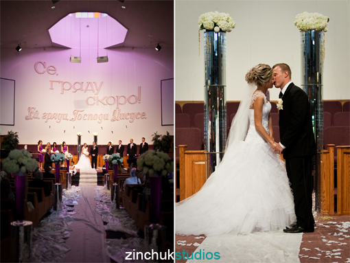 Wedding in a church with bride and groom kissing