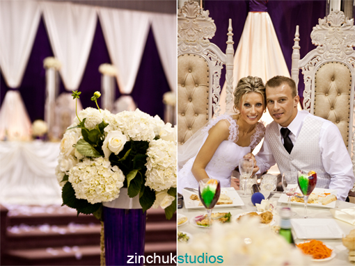 Bride and groom at wedding reception table flowers