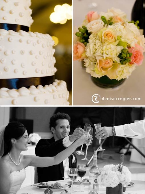 Elegant wedding cake with floral arrangement and happy toasts