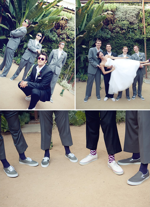 Groom and groomsmen celebrating a wedding day with creative poses