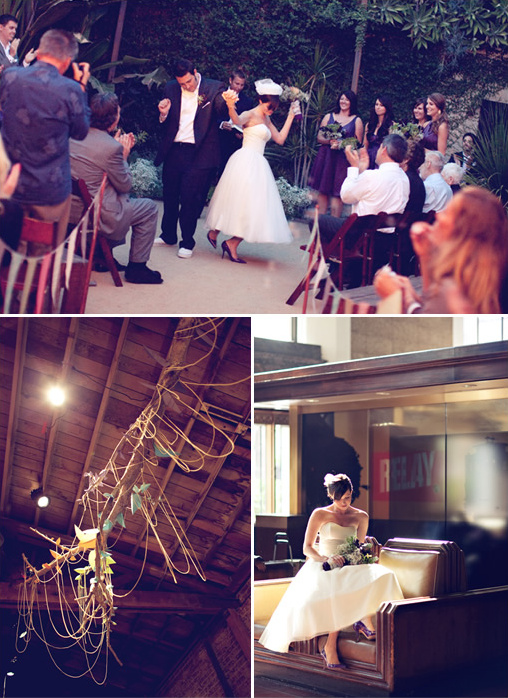 Wedding ceremony with happy couple and decorations in three panels