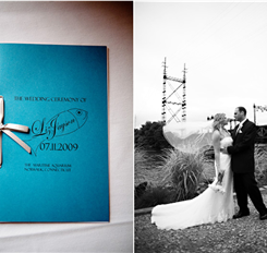 Wedding invitation and newlywed couple at their wedding ceremony