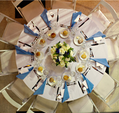 Overhead view of a round table setting ready for a meal