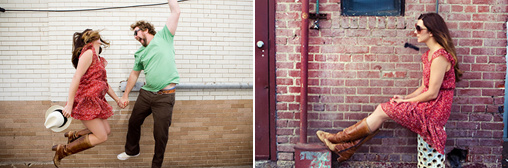 Couple jumping for joy, girl sitting on a brick wall