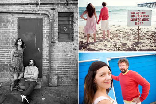 A romantic couple's portrait captured in urban and beach settings