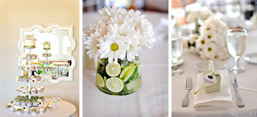 Elegant wedding table decorations with white flowers and cake display