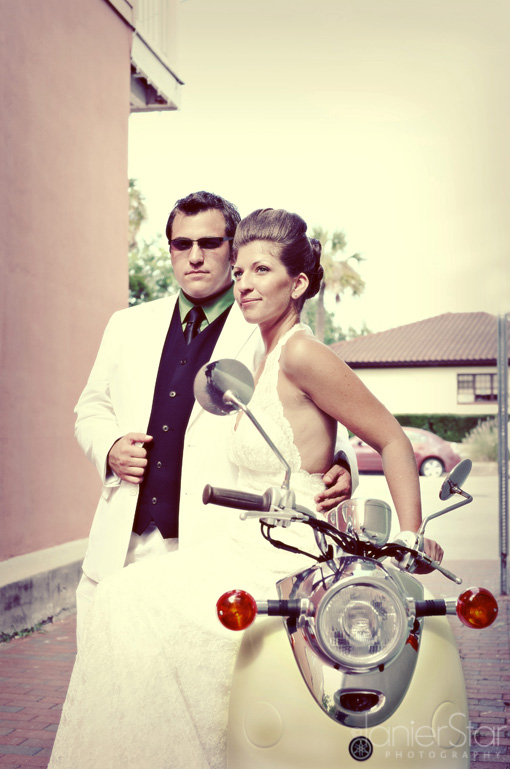 bride and groom on scooter