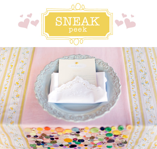 Sneak peek of a charmingly set table with floral patterned tablecloth