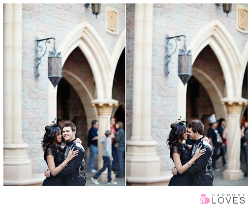 Loving couple embracing in front of a castle in Disneyland