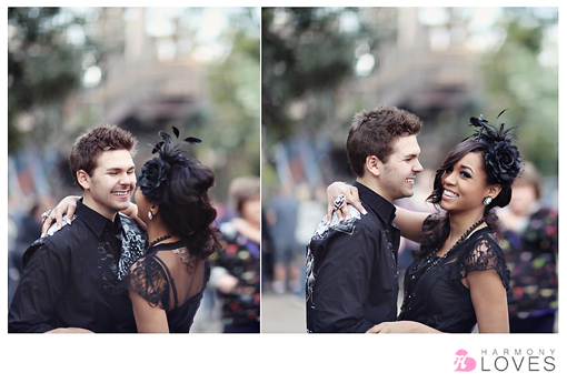 Smiling couple in black embrace, stylish wedding photoshoot