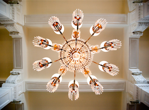 Elegant crystal chandelier viewed from below