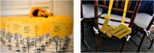 Wedding place cards and chair decorations in yellow theme