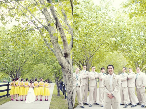 Bridal party in yellow and groomsmen at outdoor wedding