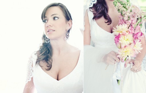 Beautiful bride in elegant wedding dress with bouquet