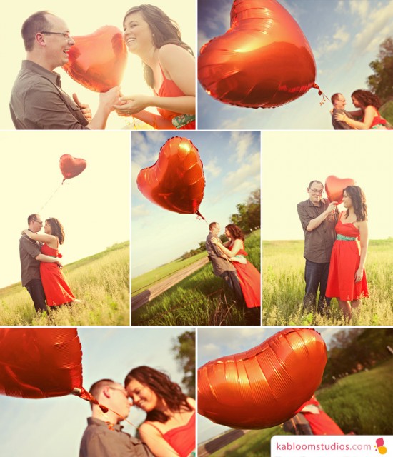 Couple in love holding a heart balloon in a field for a photo shoot