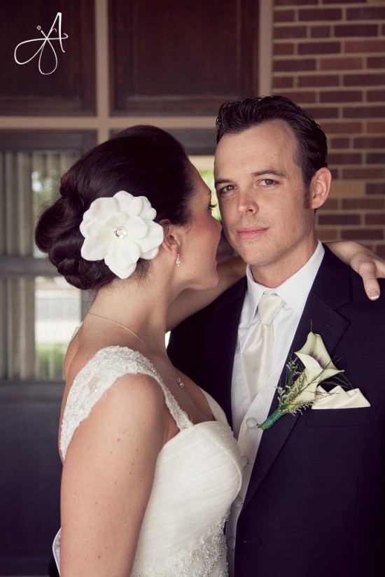 Happy bride whispering to her handsome groom
