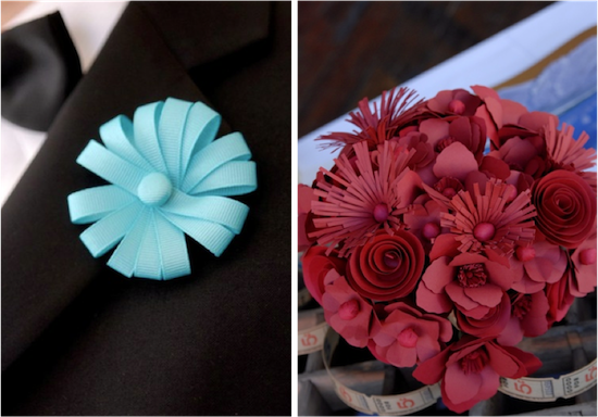 A blue ribbon flower boutonniere and a red paper flower bouquet