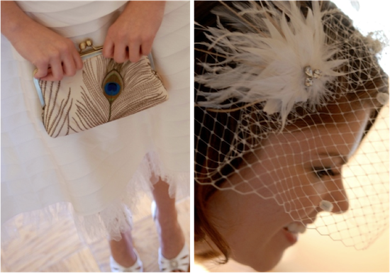 Bride with peacock clutch and birdcage veil on her wedding day
