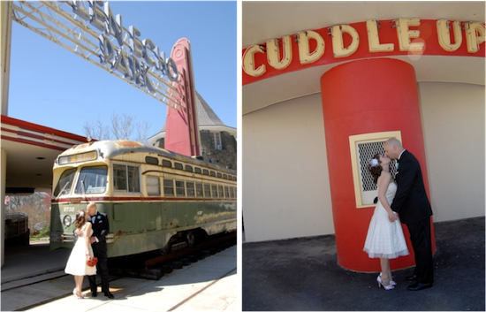 Newlyweds kissing at the vintage Cuddle Up sign by the streetcar