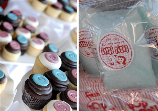 Colorful cupcakes and blue cotton candy bags