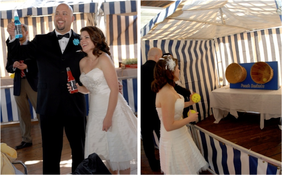 Bride and groom play a fun game on their wedding day